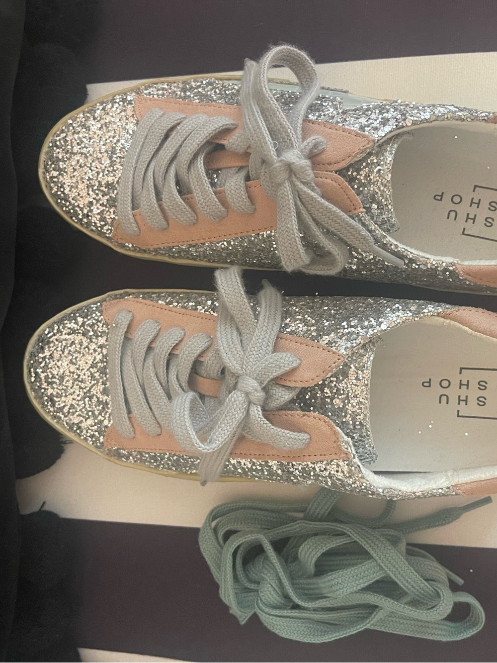 NWOT ShuShop Silver Glitter Sneakers with Pink Suede Accents